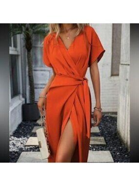 Boho Neon orange Kimono Sleeve Midi Dress
